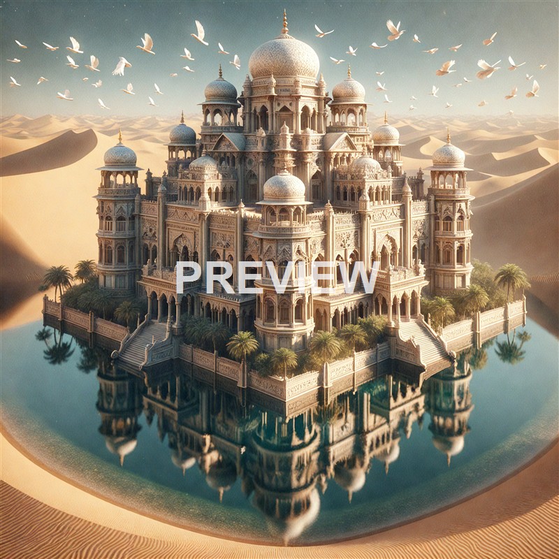 A majestic, ornate palace with multiple domes and intricate architectural details, situated in a desert landscape and surrounded by a reflective water moat with palm trees, under a sky filled with flying white doves.